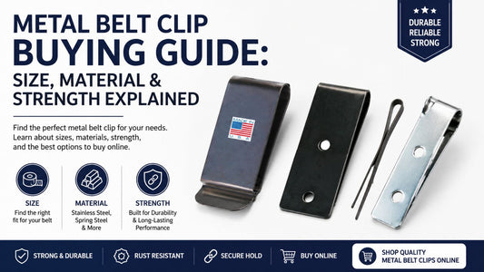 Metal belt clip buying guide banner showing size, material, and strength comparison with stainless steel clips