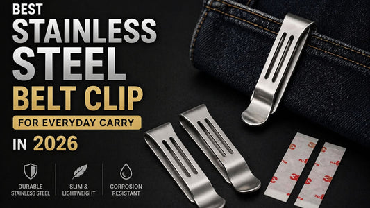 Stainless steel belt clip 2 pack with adhesive strips attached to denim pocket for everyday carry use